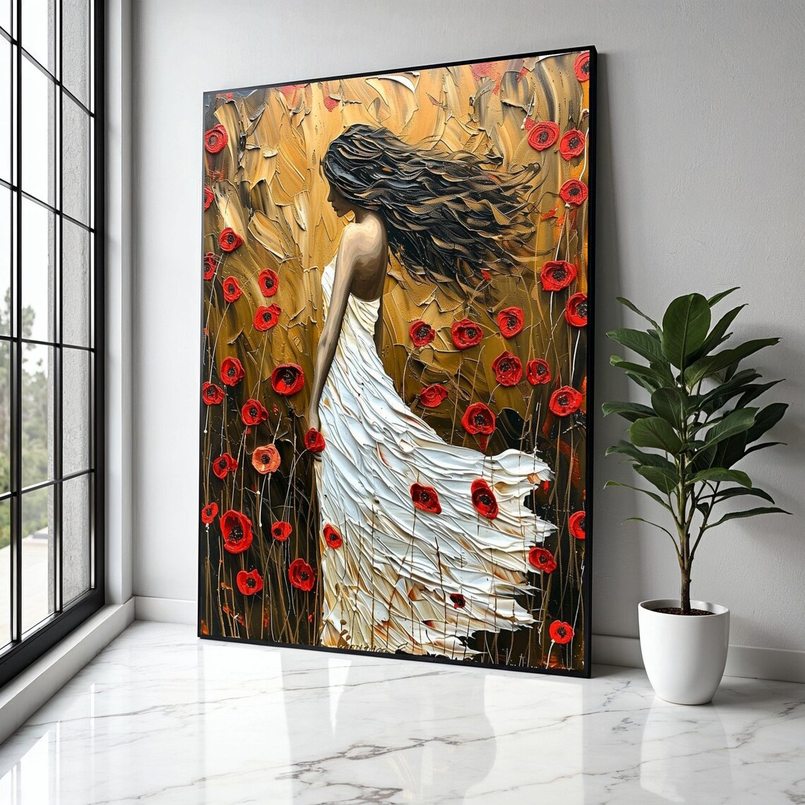 Woman in White Dress Red Poppies Wind Blown Hair Impasto Art Poster