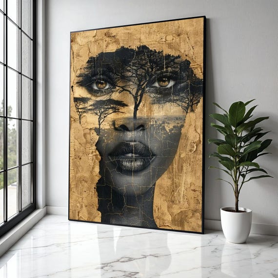 African Woman Face Canvas Tree Silhouette Wall Art Ethnic Portrait Abstract Nature Modern Home Gift Decor Print