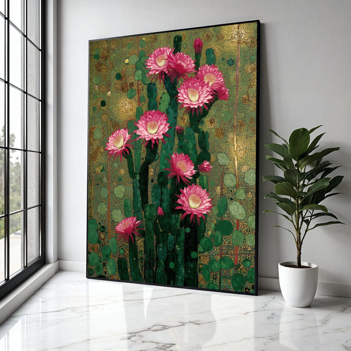 Blooming Cactus Pink Flowers Gold Klimt Style Botanical Poster
