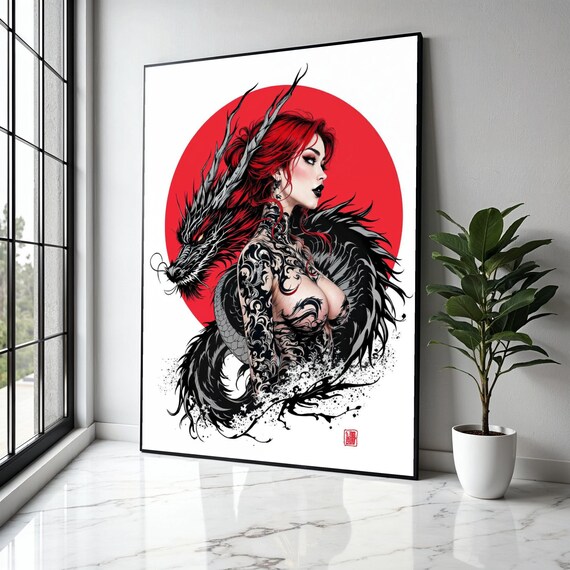 Fierce Redhaired Woman With Black Dragon Japanese Tattoo Art Canvas Asian Mythology Wall Decor Bold Graphic Gift Home Print