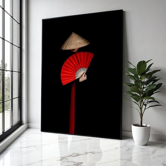 Asian Woman Red Fan Conical Straw Hat Minimalist Black Background Poster