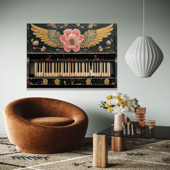 Vintage Piano Painted Flower Wings Distressed Black Music Poster