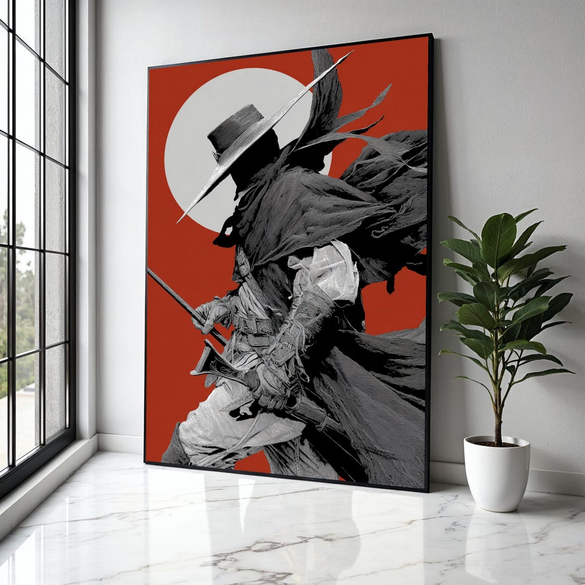 Bold Shadowed Gunslinger Cowboy Beneath Red Sun Engraving Poster