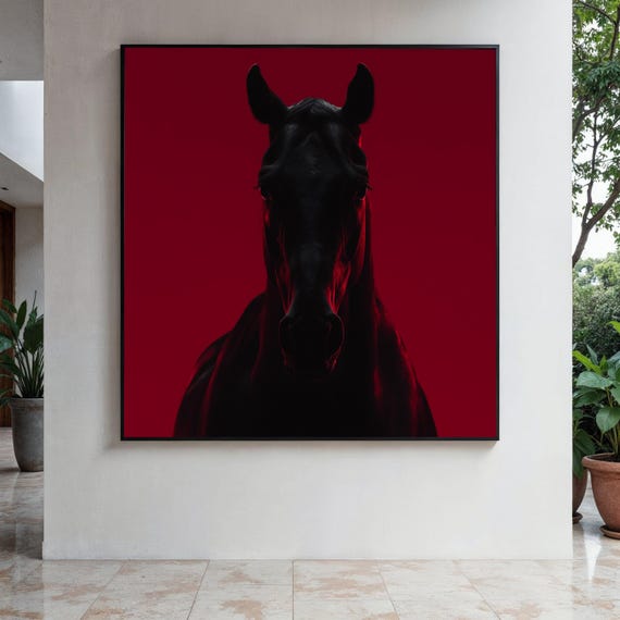 Dramatic Black Horse Silhouette Canvas Red Backlit Animal Wall Art Modern Equestrian Decor Bold Gift Home Print