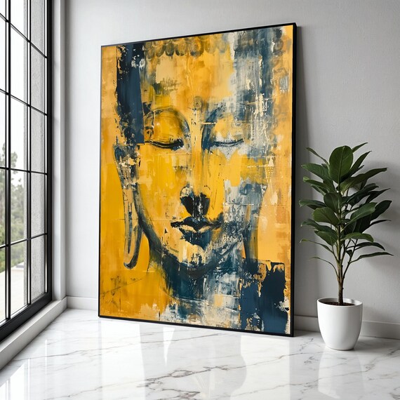 Golden Yellow Buddha Face Abstract Expressionist Zen Art Poster
