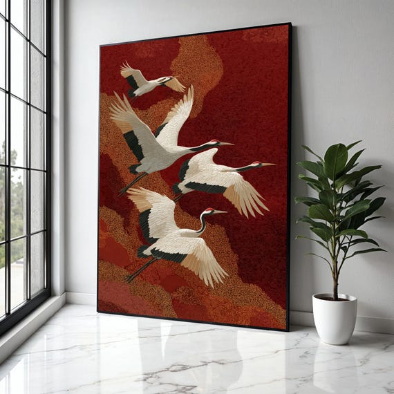 Elegant Redcrowned Cranes Flying Asian Inspired Canvas Wall Art Nature Bird Illustration Oriental Style Home Gift Decor Print
