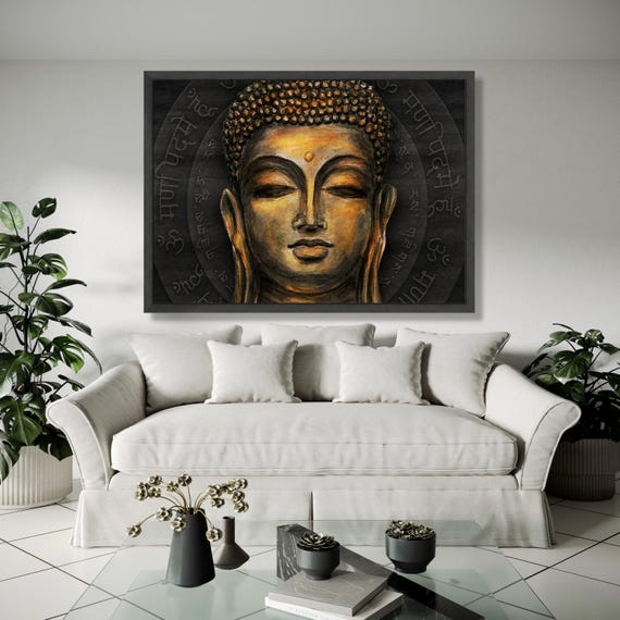 Golden Buddha Face Canvas Spiritual Wall Art Meditation Decor Zen Print Mindfulness Tranquil Gift Home