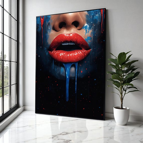 Bold Red Lips Canvas Wall Art Dripping Paint Abstract Portrait Modern Pop Decor Vibrant Face Painting Gift Home Print