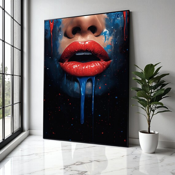 Bold Red Lips Dripping Blue Paint Abstract Fashion Pop Art Poster