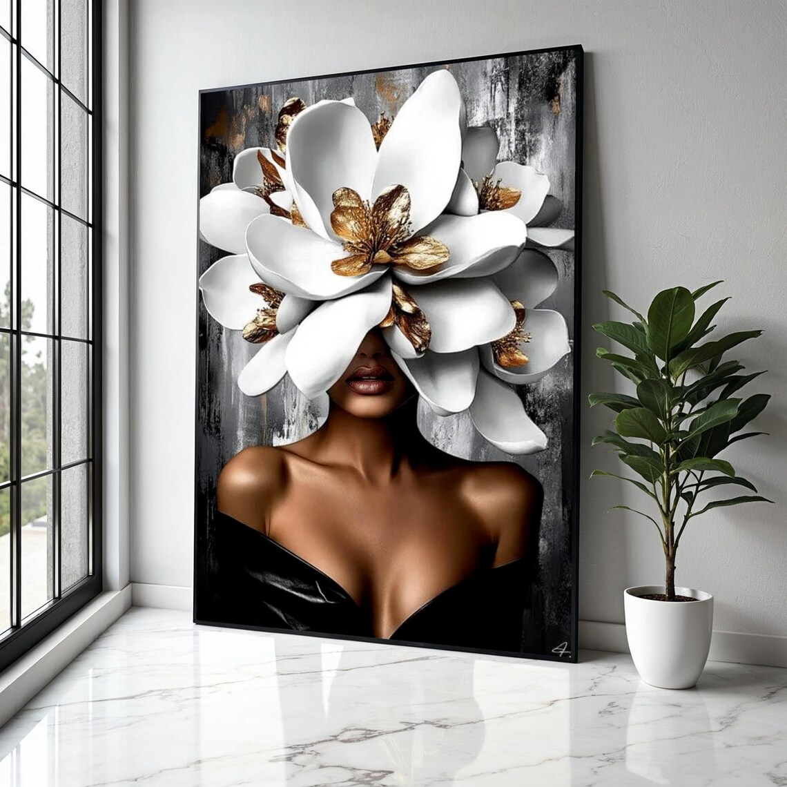 Giant White Gold Flower Face Woman Dark Grey Modern Elegant Poster
