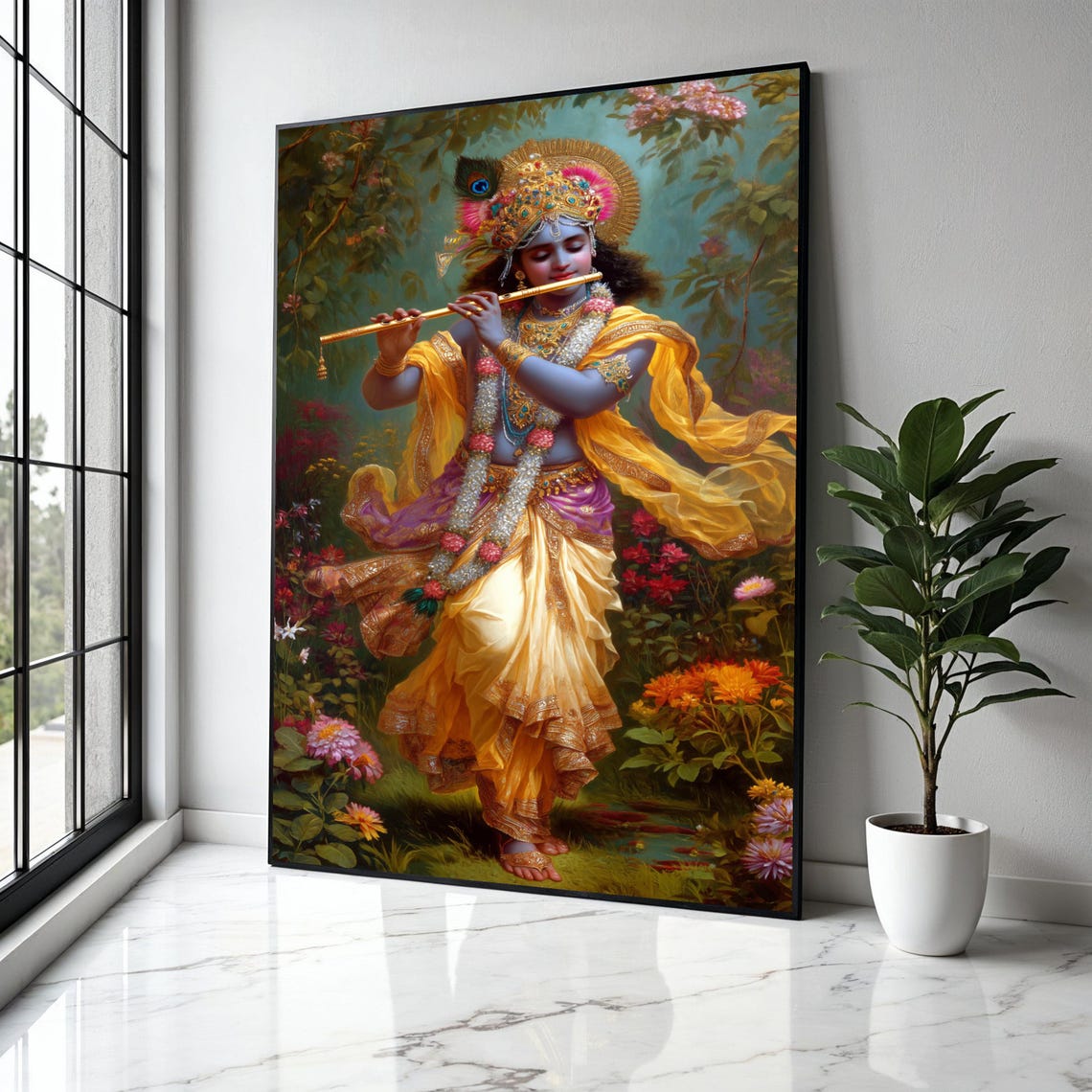 Krishna Playing Flute in a Blooming Flower Garden Hindu Art Poster