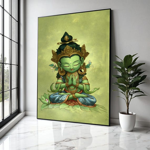 Meditative Green Buddha Canvas Wall Art Spiritual Home Decor Asian Zen Mindfulness Meditation Painting Gift Print