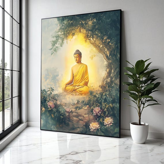 Meditating Buddha In Tranquil Garden Spiritual Canvas Wall Art Zen Home Decor Peaceful Illustration Gift Print