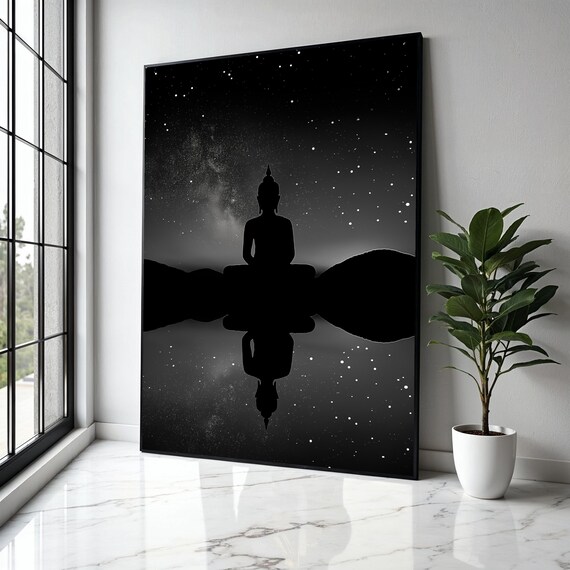 Meditating Buddha Silhouette Canvas Starry Night Sky Wall Art Spiritual Zen Decor Reflective Tranquility Gift Home Print
