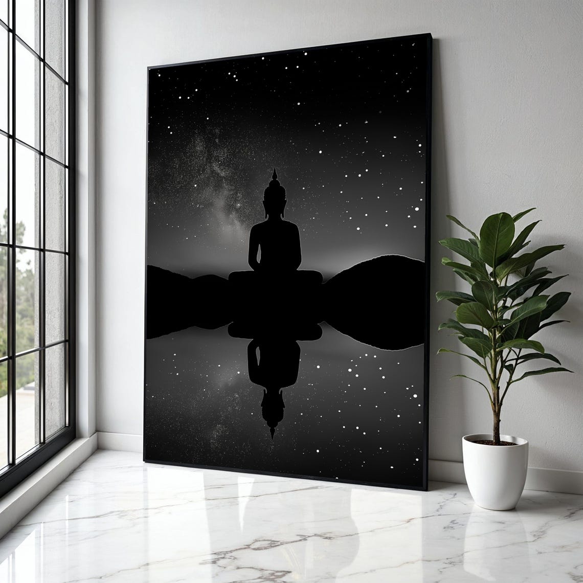 Buddha Silhouette Starry Night Reflection Mirror Zen Art Poster