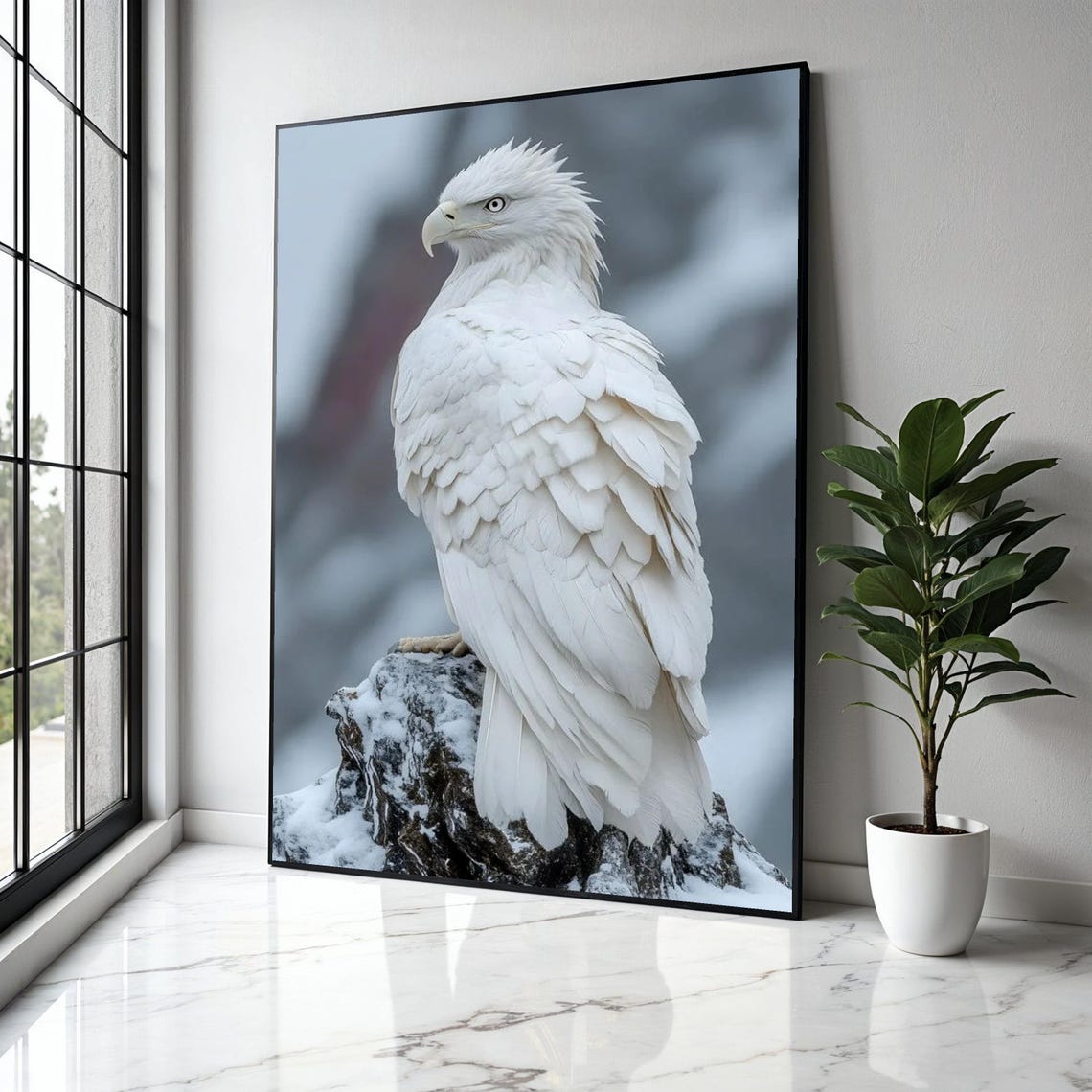 White Eagle Perched Snowy Mountain Rock Winter Wildlife Poster