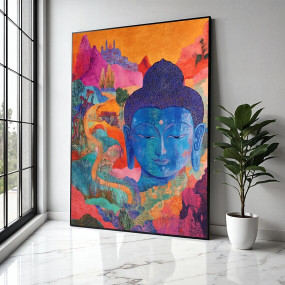 Blue Buddha Face Vivid Dreamlike Mountain Landscape Art Poster
