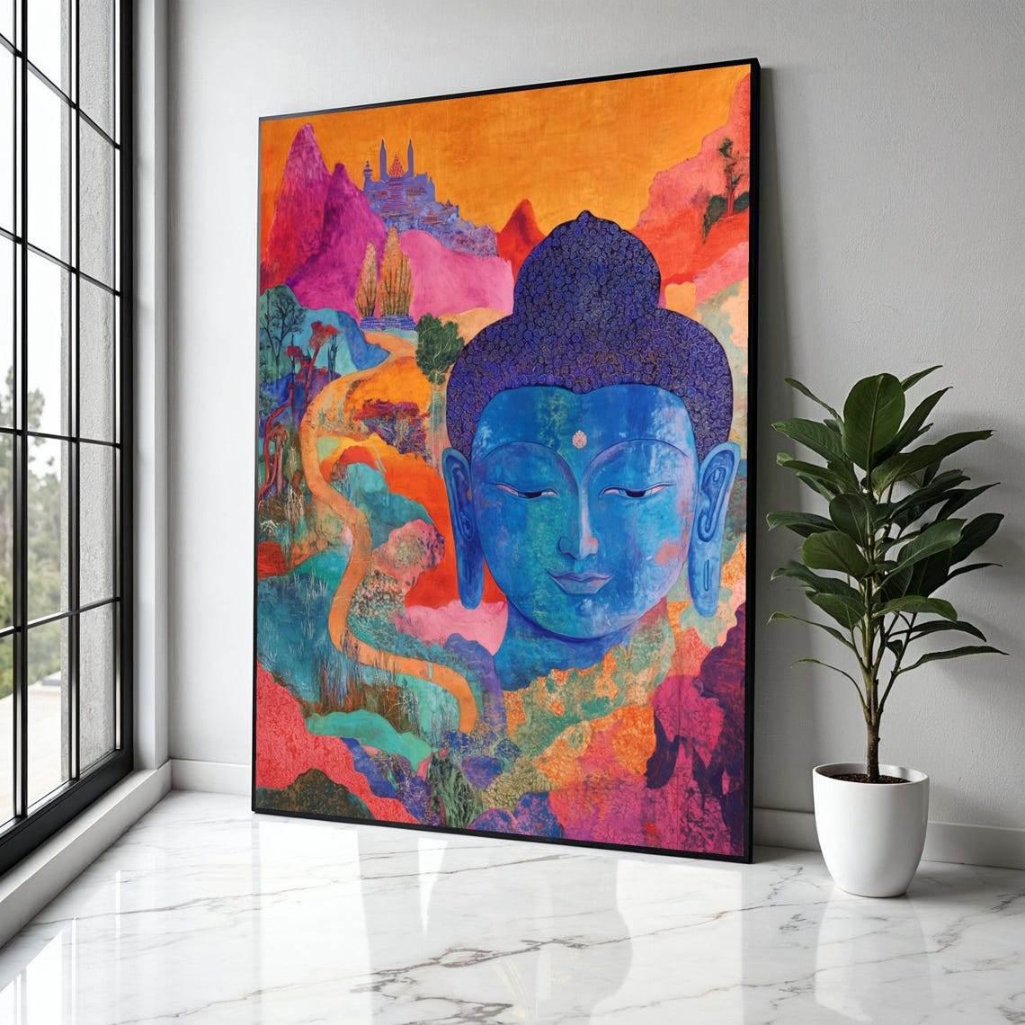 Blue Buddha Face Vivid Dreamlike Mountain Landscape Art Poster