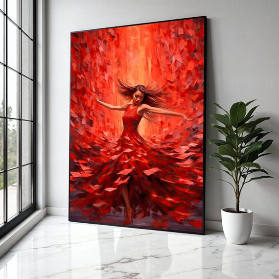 Vibrant Red Dress Dancing Woman Canvas Flamenco Style Wall Art Abstract Movement Painting Dynamic Home Decor Gift Print