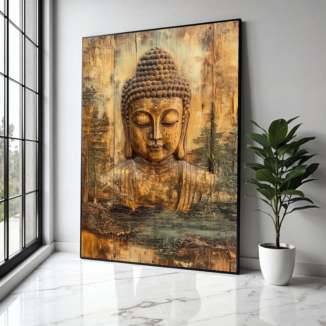 Golden Buddha Face on Weathered Wood Planks Landscape Art Poster