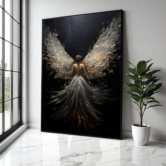 Dark Angel Wings Woman Gold Feather Fantasy Gothic Art Poster