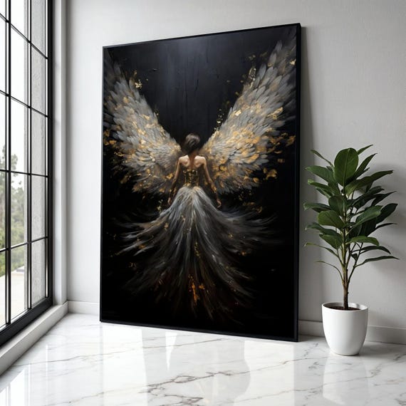 Elegant Angel Wings Canvas Wall Art Dark Fantasy Woman Painting Ethereal Feathered Decor Spiritual Home Gift Print