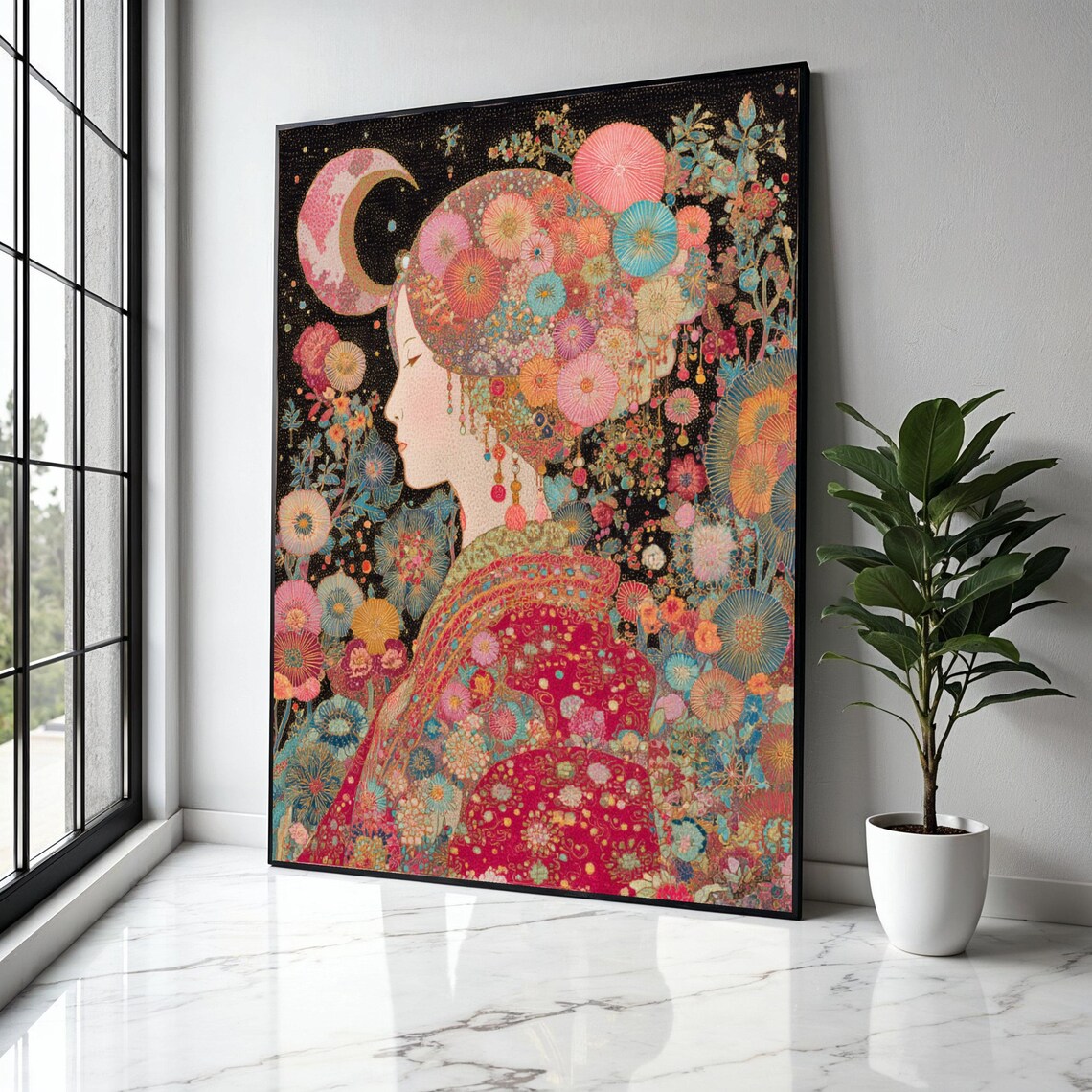 Floral Haired Woman Crescent Moon Klimt Style Ornate Art Poster