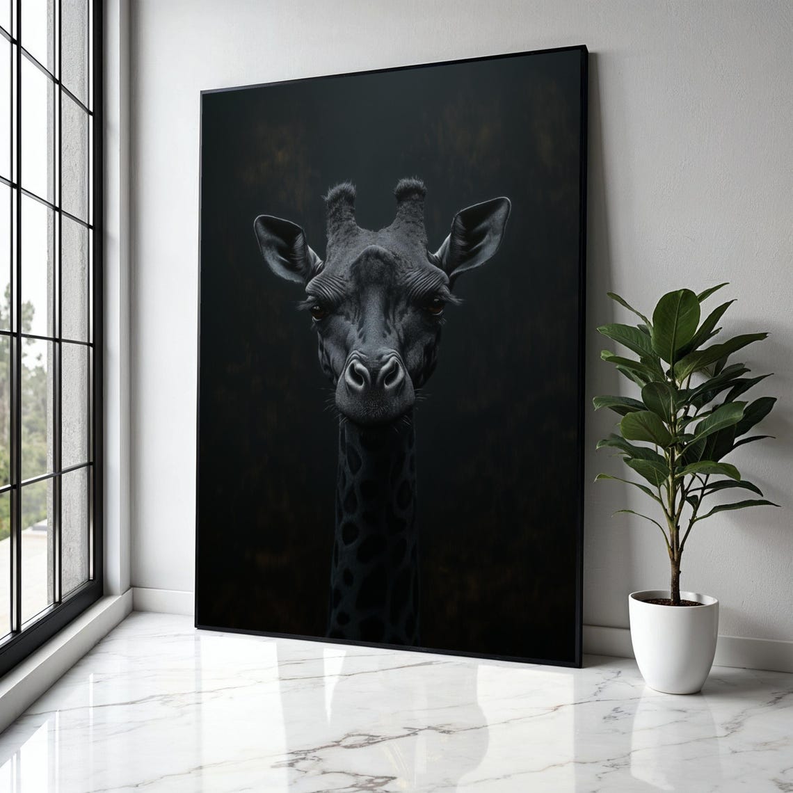 Black Giraffe Portrait Dark Monochrome Minimalist Safari Poster