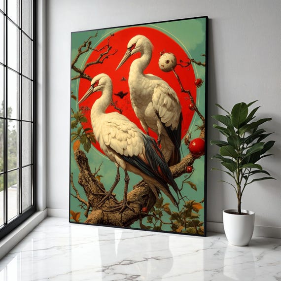 Elegant White Cranes Canvas Wall Art Red Sun Nature Scene Bird Illustration Asian Style Home Decoration Gift Decor Print