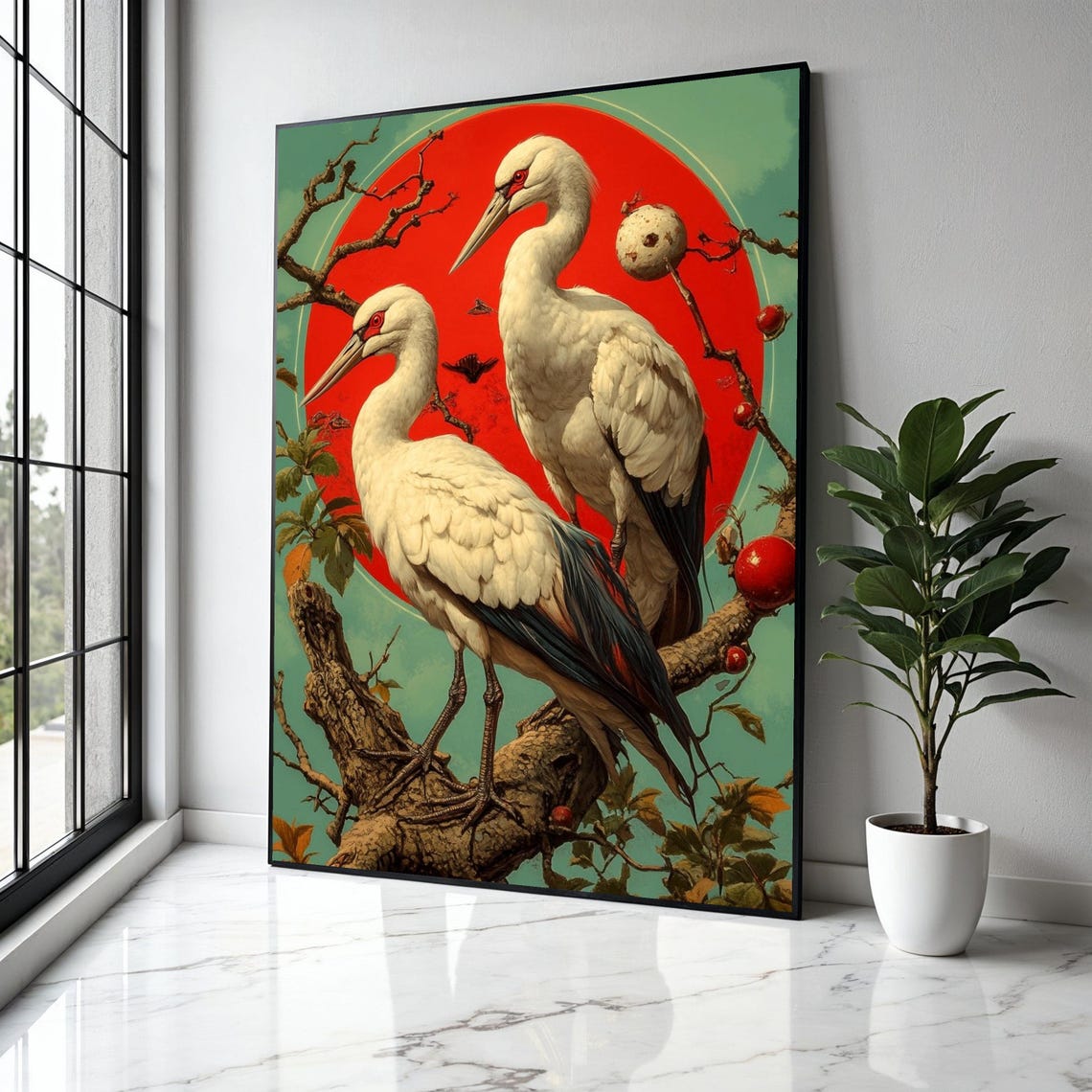 Elegant White Cranes Canvas Wall Art Red Sun Nature Scene Bird Illustration Asian Style Home Decoration Gift Decor Print