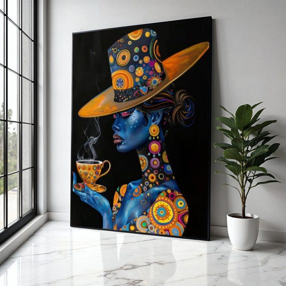 Elegant Blue Woman With Patterned Hat And Teacup Canvas Abstract Portrait Wall Art Colorful Modern Decor Gift Home Print