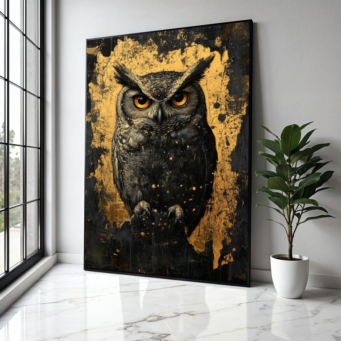 Majestic Owl Portrait Gold Splatter Abstract Black Background Poster