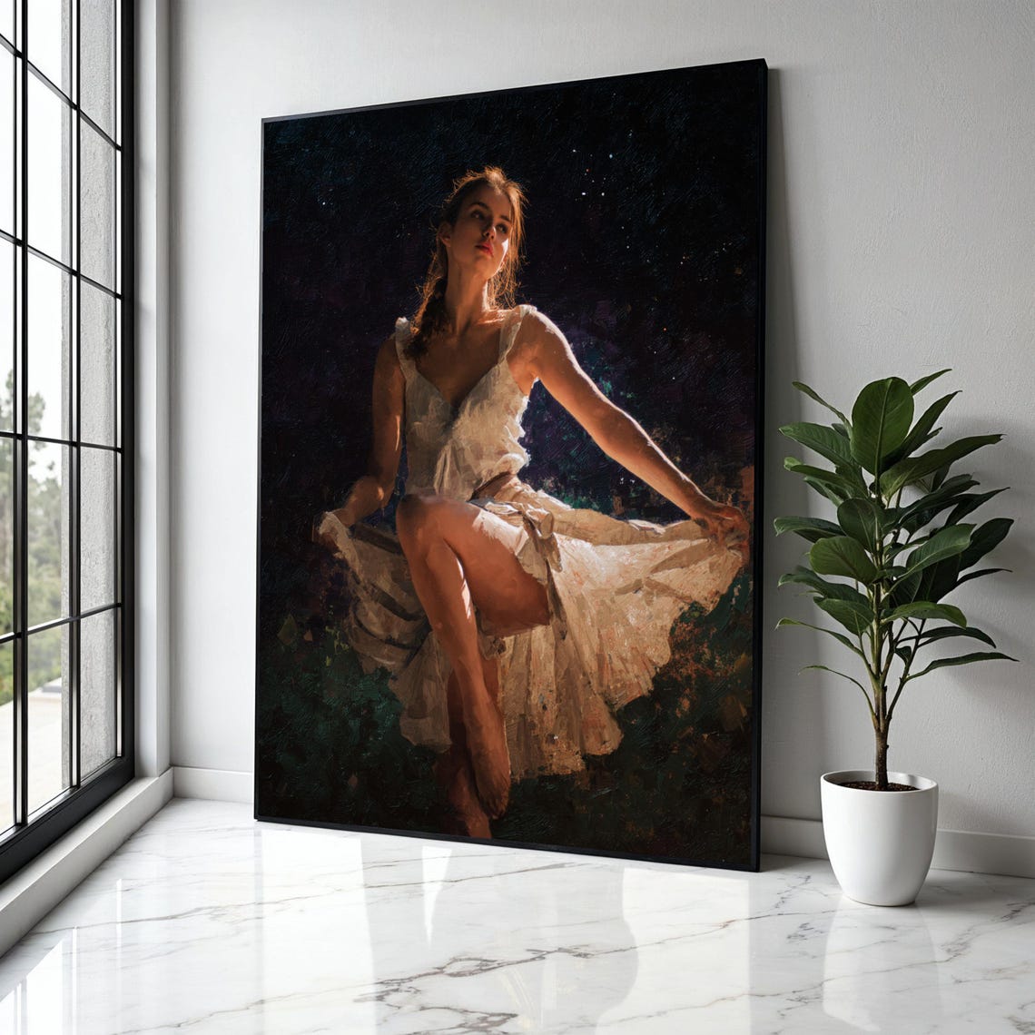 Moonlit Ballerina Flowing White Dress Dark Stage Dance Poster