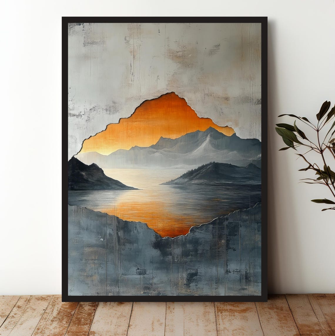Abstract Mountain Landscape Wall Art Print In Textured Grey Gold Design Modern Rustic Nature Decor For Home Office