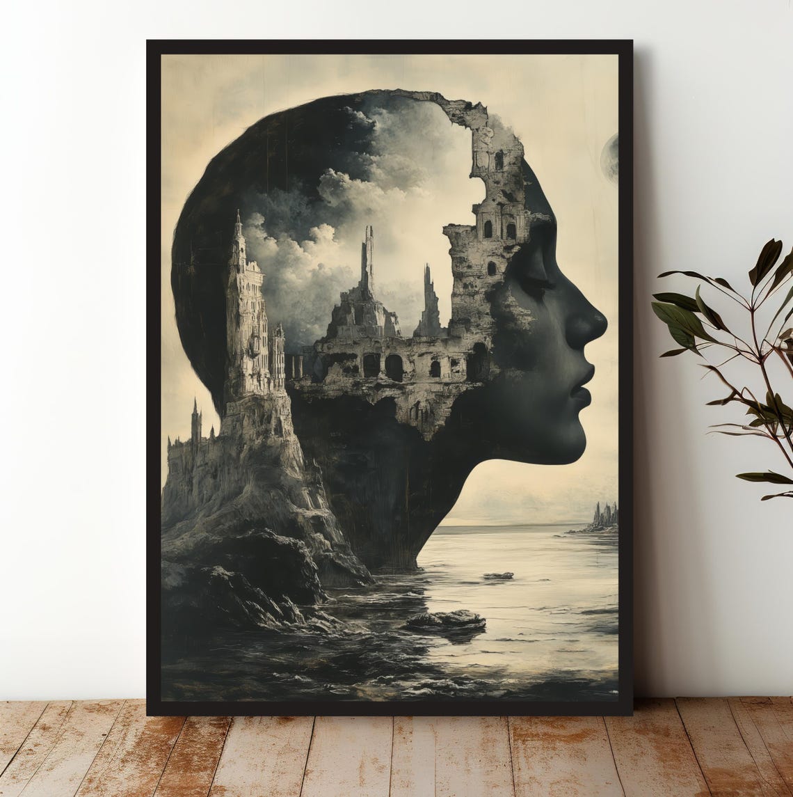 Surreal Woman Profile Ancient Ruins Moonlit Sea Scene Art Print