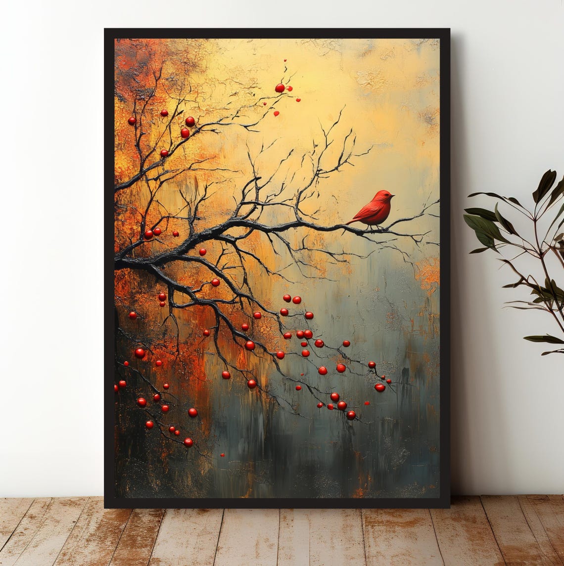 Red Cardinal Bird on Berry Branch Textured Golden Art Poster