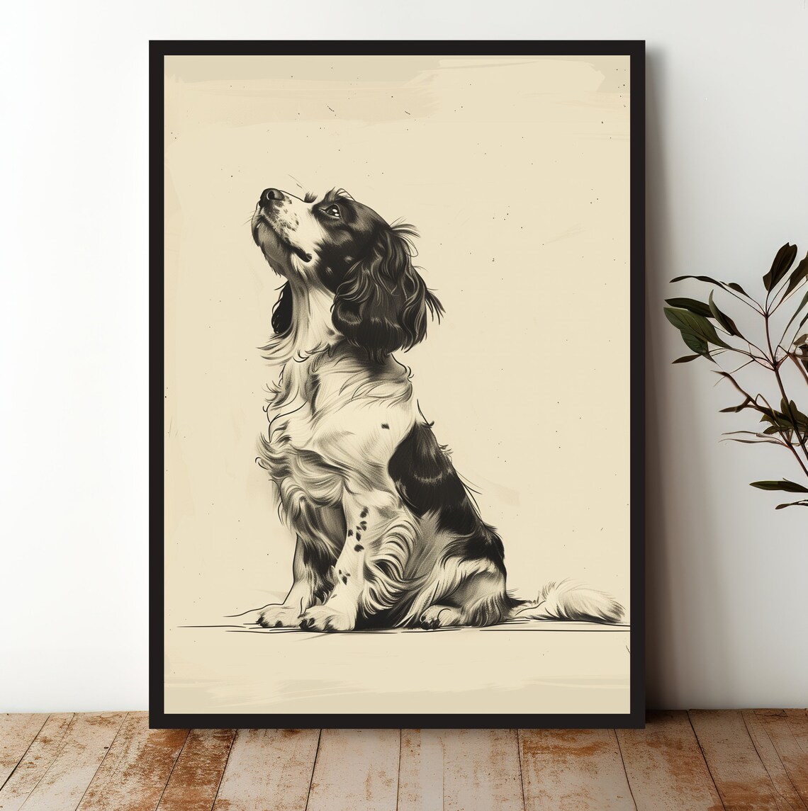 Spaniel Dog Monochrome Sketch Sitting Pet Portrait Art Print