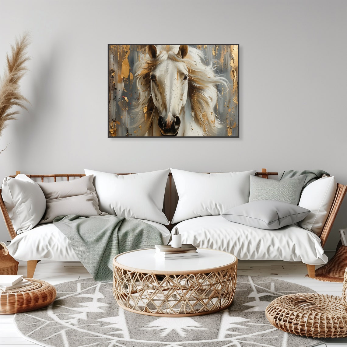 White Horse Gold Leaf Flowing Mane Elegant Equine Art Poster - Image 2