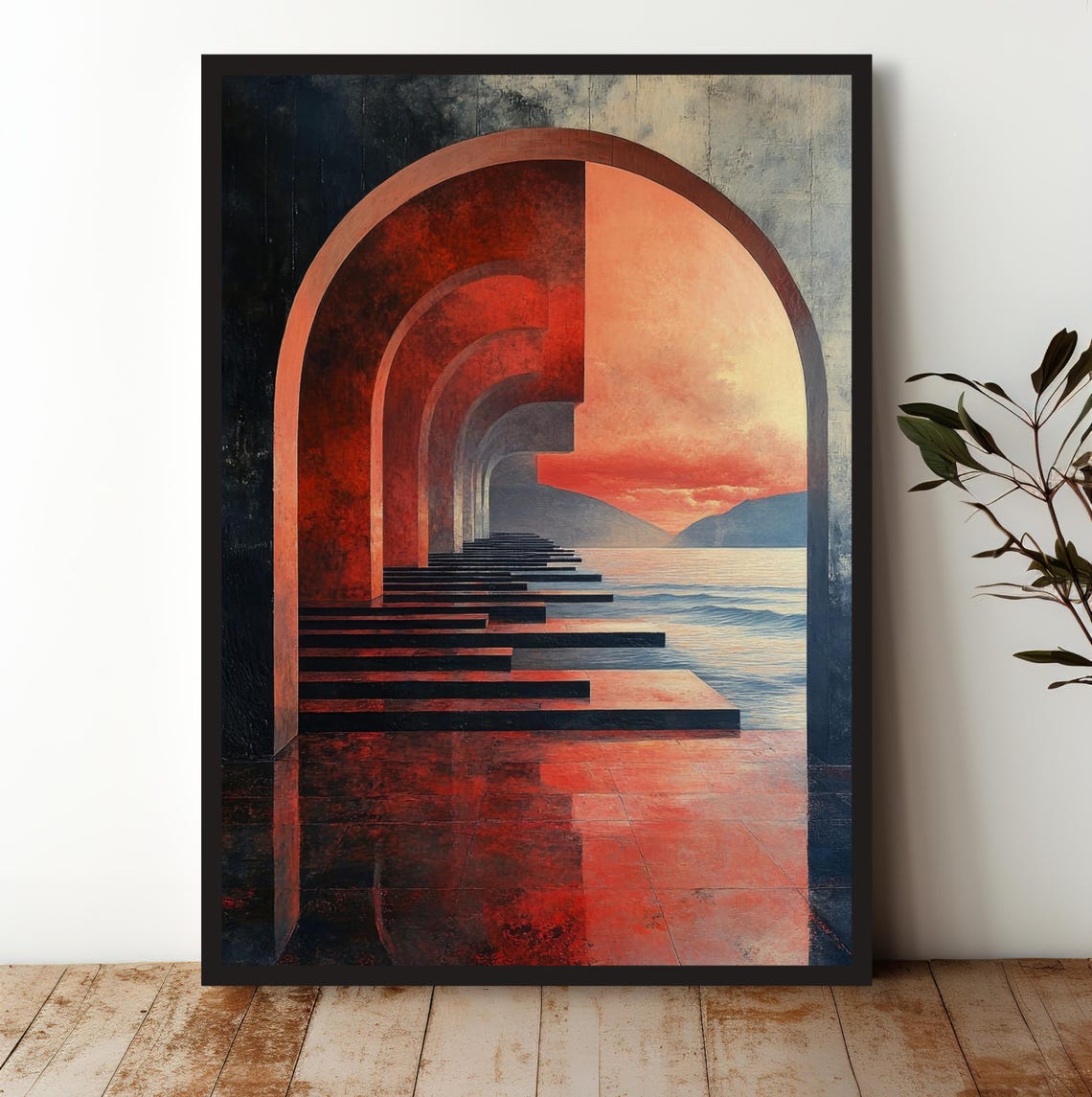 Surreal Crimson Archway Tunnel Opening Onto Ocean Sunset Poster