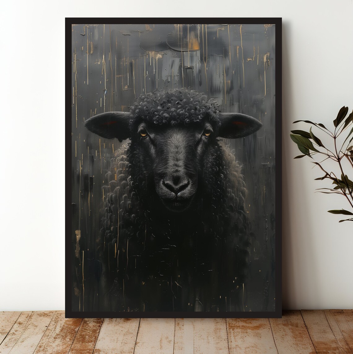 Black Sheep Portrait Dark Moody Gold Accent Elegant Animal Art Poster
