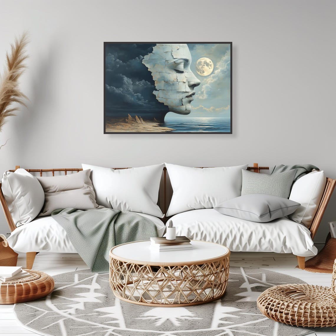 Surreal Stone Face Ocean Moonlight Dreamy Coastal Art Poster - Image 2