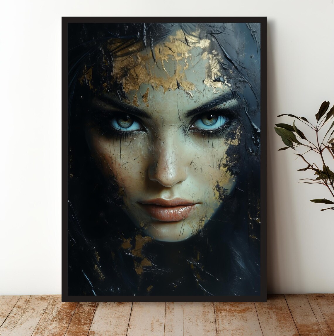 Dark Mysterious Woman Piercing Blue Eyes Gold Portrait Art Print