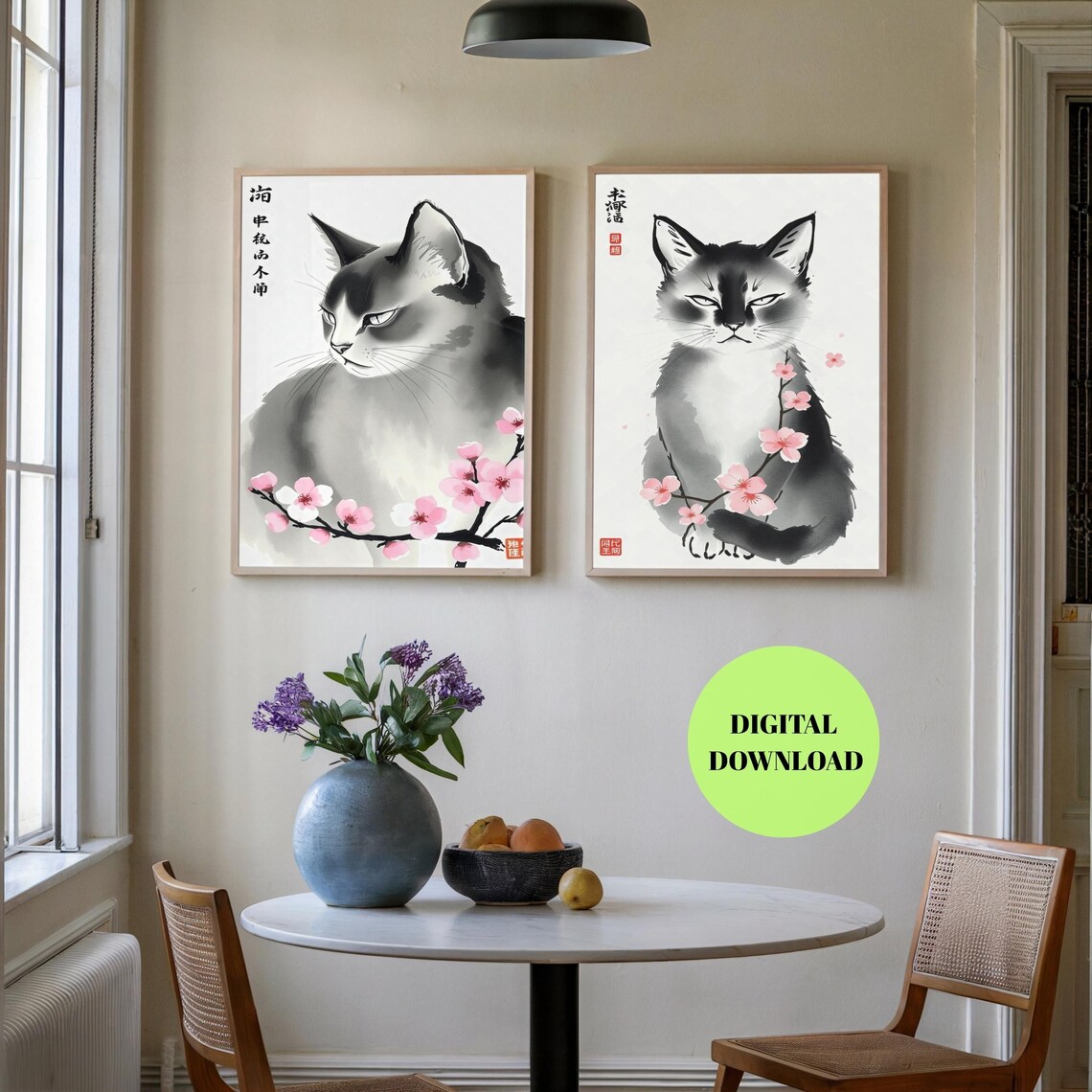 Japanese Cat Portraits, Sumi-E Style Zen Decor