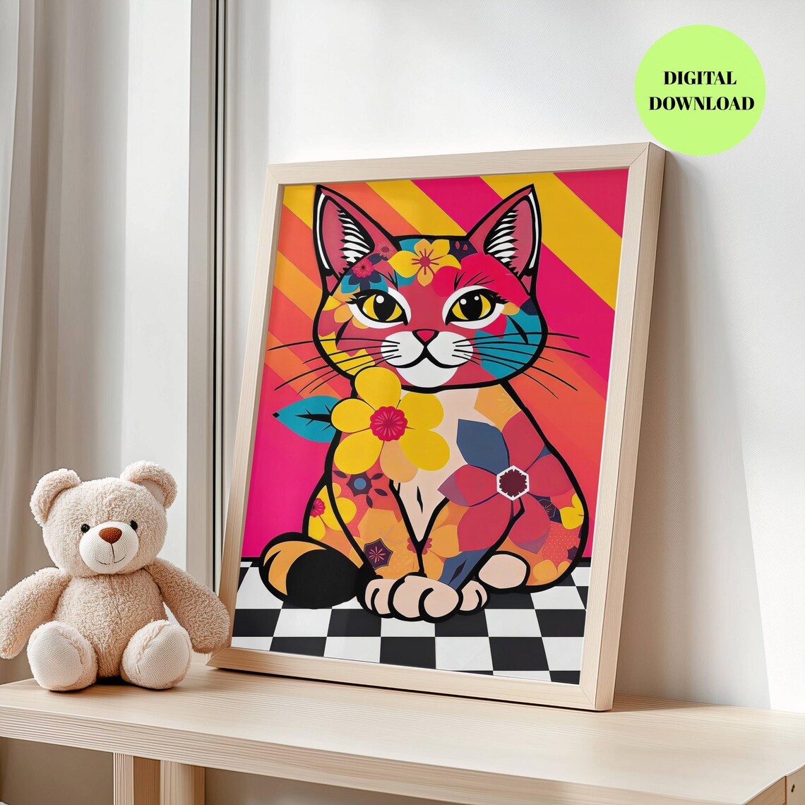 Colorful Pop Art Cat Print, Playful Kitty