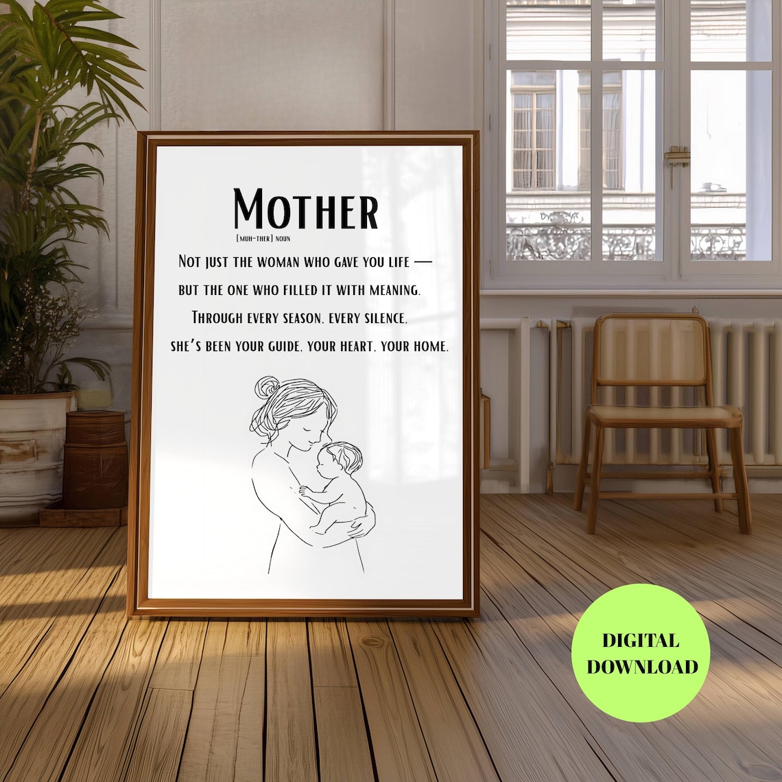 Line Art Mom And Baby Illustration, Mother Quote