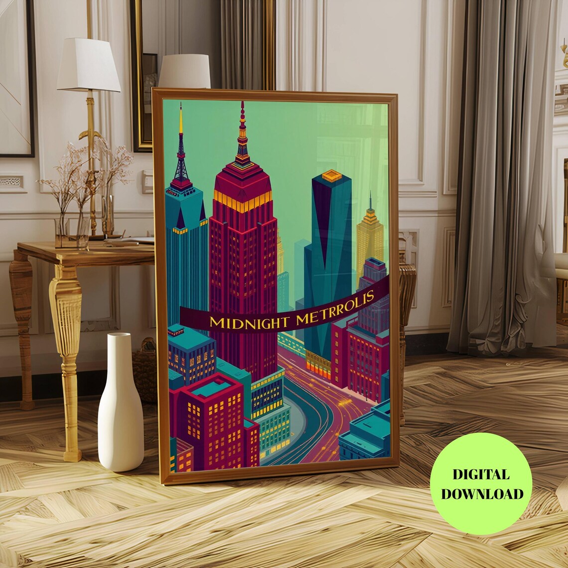 Midnight Metropolis Cityscape, Retro Futuristic Skyline