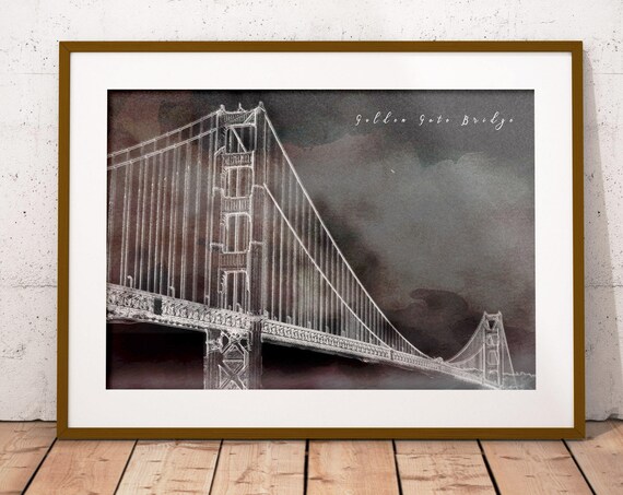 Golden Gate Bridge San Francisco Night Line Art Dark Moody Poster