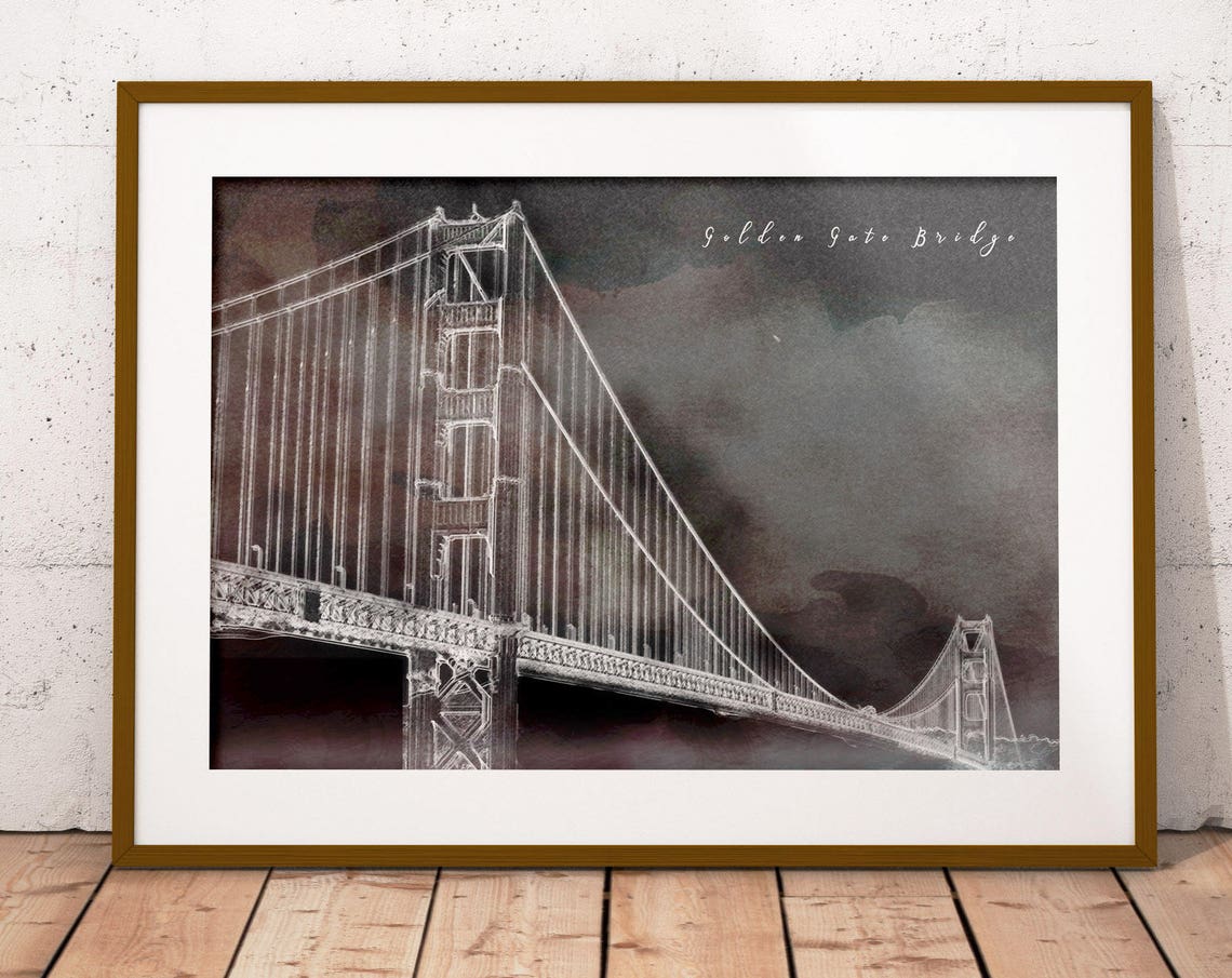 Golden Gate Bridge San Francisco Night Line Art Dark Moody Poster