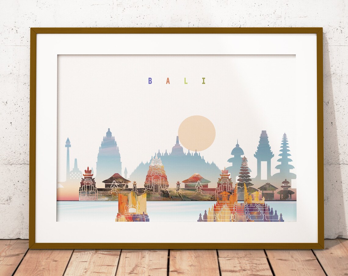 Bali Indonesia Temple Sunset Watercolor Island Landmarks Poster