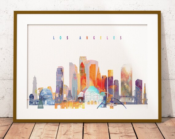 Los Angeles California Sunset Watercolor Skyline Art Modern Home Decor Poster
